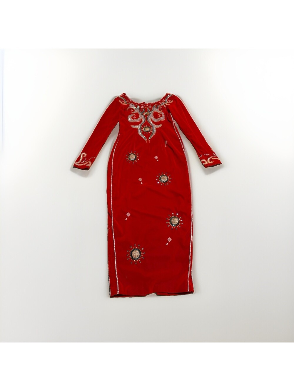 Vintage Evening Gown Oriental 50/60's Sequined Long Sleeve Velvet Red Medium